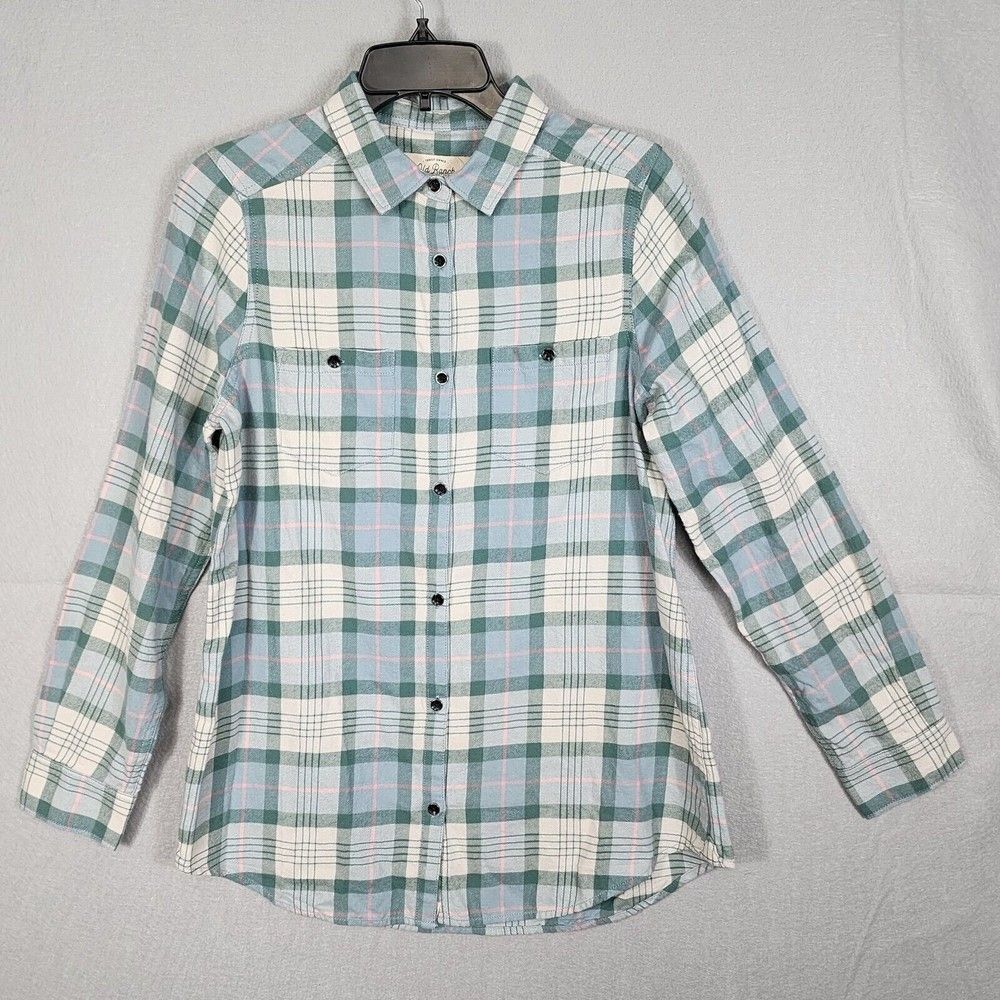 Old Ranch Shirt Womens Small Green Pink Flannel Plaid Western Button Front